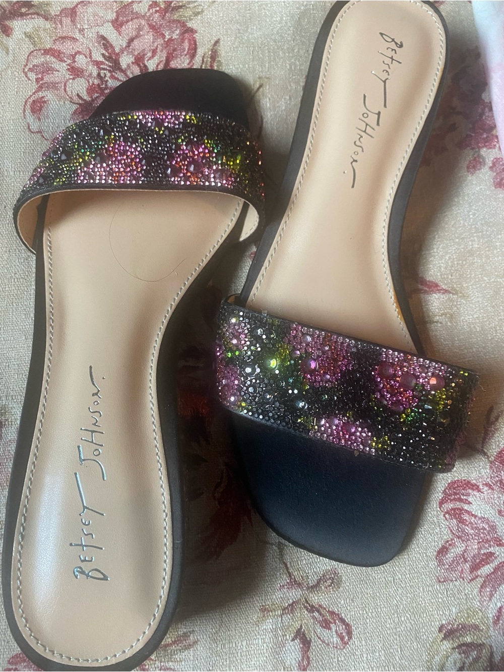 Betsey Johnson Black Slide Sandals with Multicolor Rhinestone Floral Accents